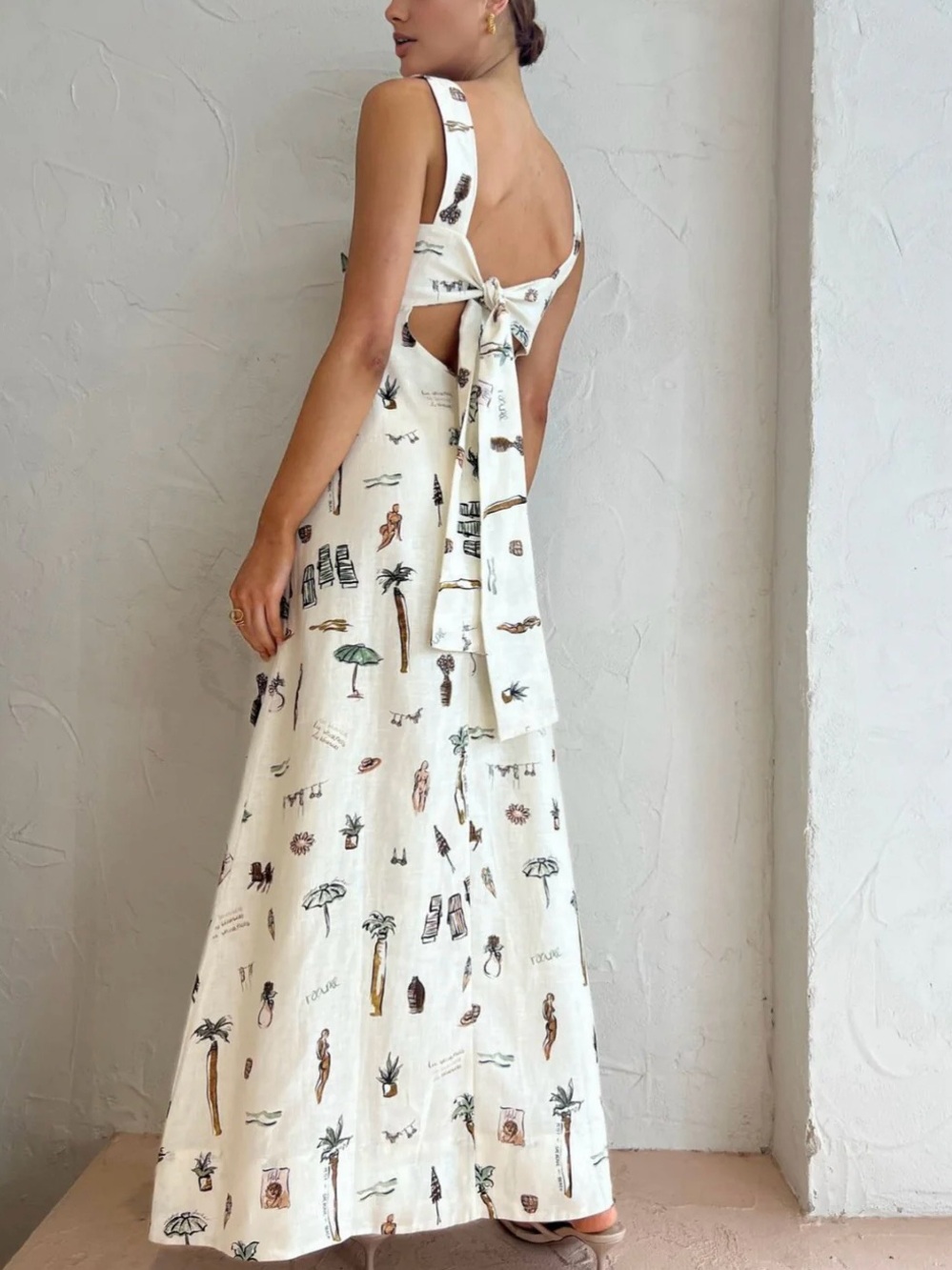 Commense Tropical Print Linen Blend Open Back Maxi Dress Large NWT